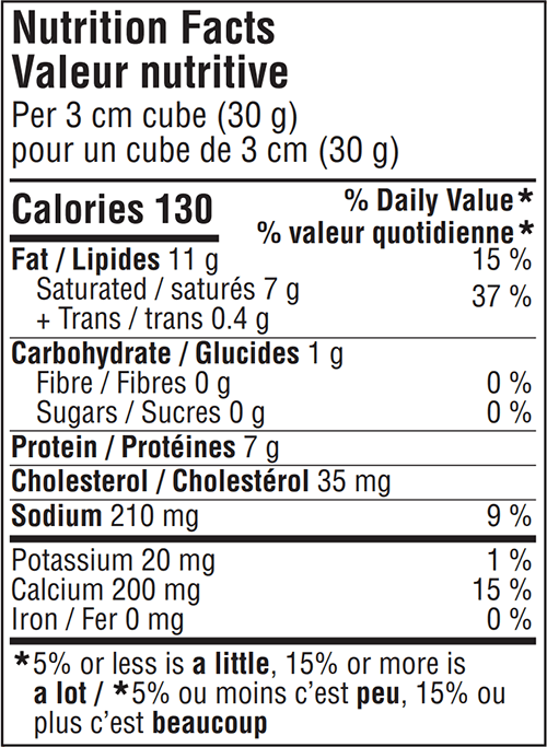 Étiquette de valeur nutritive du fromage Havarti fumé Balderson